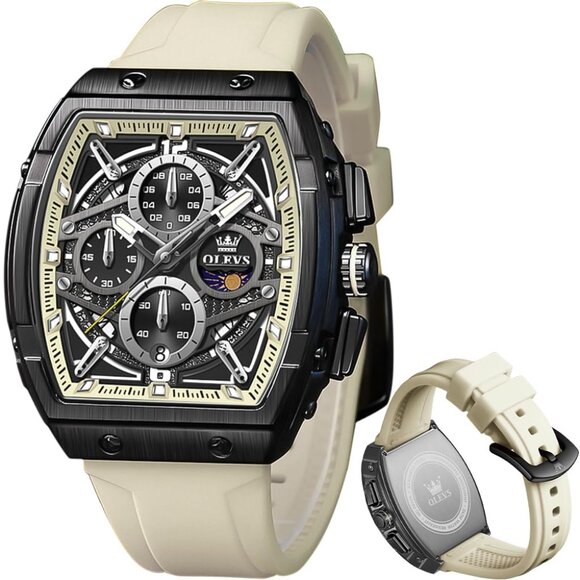 Men's Square Chronograph Watch Silicone Strap Waterproof Date Luminous
